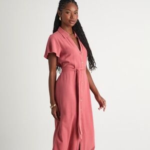 Lulus Italian Summer Rusty Rose Linen Button-up Short Sleeve Dress Pink